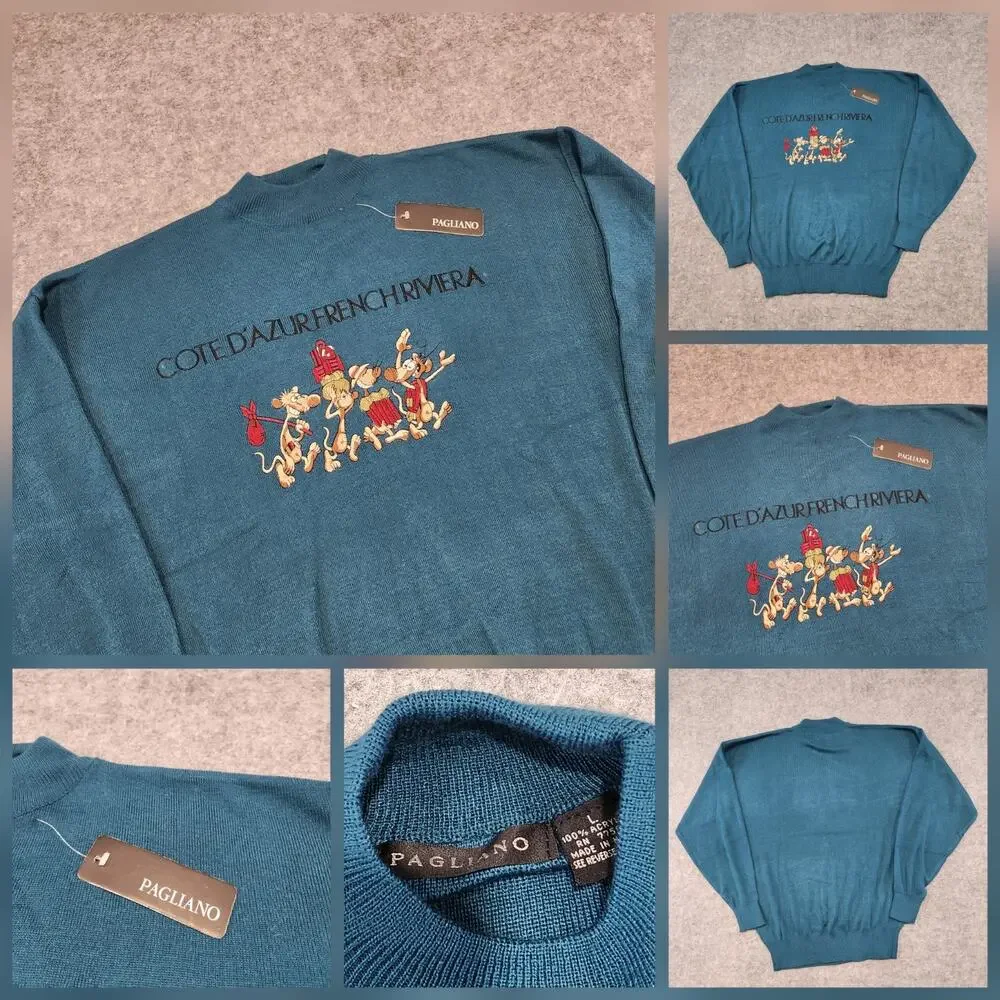 VTG Pagliano Mens L Large Cote D'Azur French Riviera Knit Embroidered Sweater‎